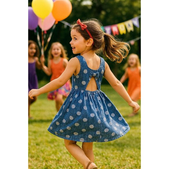 Genuine Kids by OshKosh 4T Blue Polka Dot Cutout Bowback Cottagecore Sundress - Picture 4 of 8